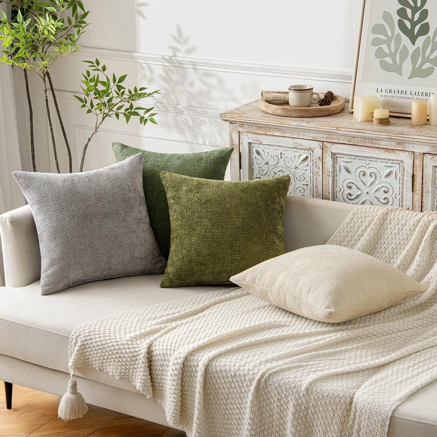 Light Green Plush Chenille Cushion Covers Set of 2 - Soft Textured Decorative Throw Pillow Cases for Sofa V888-ELOSUNG27238