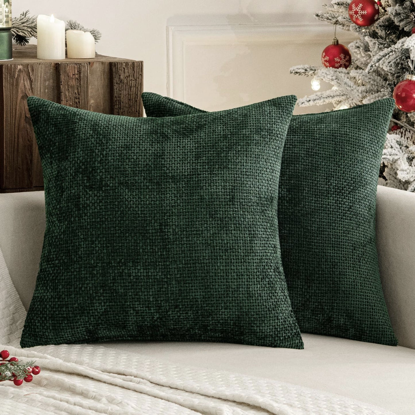 Dark Green Plush Chenille Cushion Covers Set of 2 - Soft Textured Decorative Throw Pillow Cases for Sofa V888-ELOSUNG27239