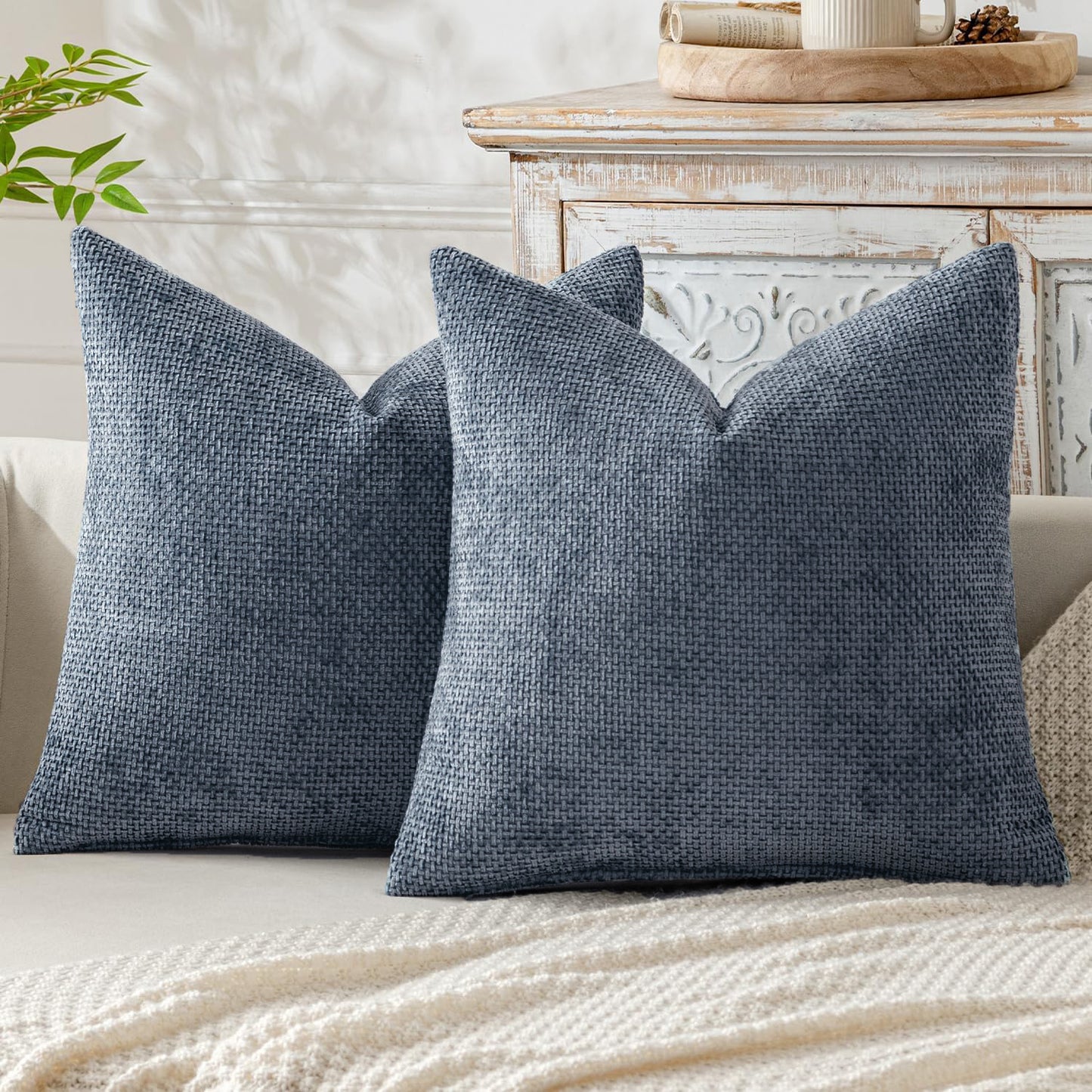 Light Blue Plush Chenille Cushion Covers Set of 2 - Soft Textured Decorative Throw Pillow Cases for Sofa V888-ELOSUNG27241
