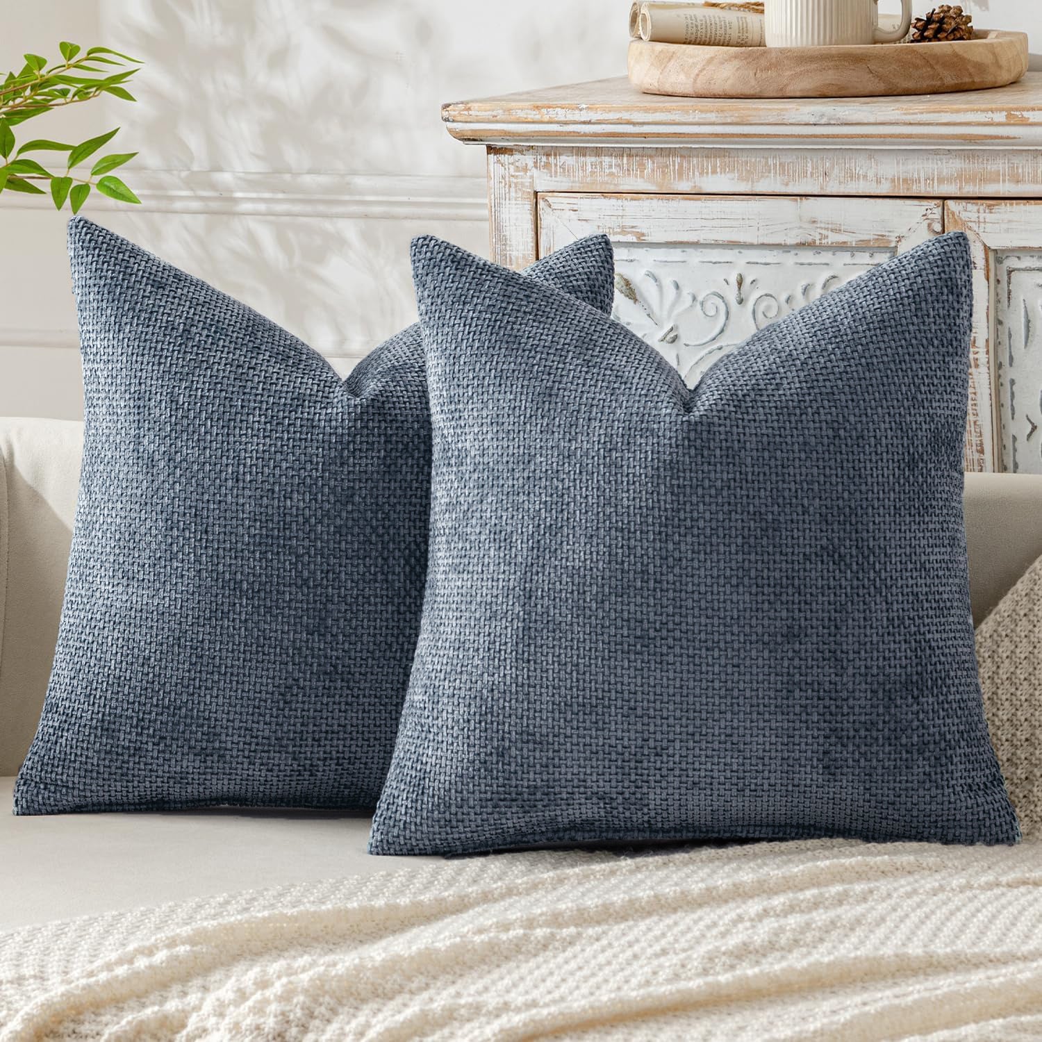 Light Blue Plush Chenille Cushion Covers Set of 2 - Soft Textured Decorative Throw Pillow Cases for Sofa V888-ELOSUNG27241