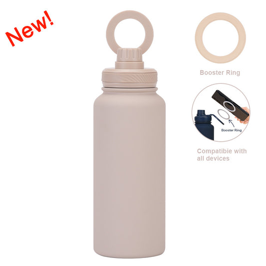 Beige 1L Stainless Steel Water Bottle with Magnetic Phone Holder Lid - Portable Hydration & Hands-Free Stand V888-ELOSUNG27242