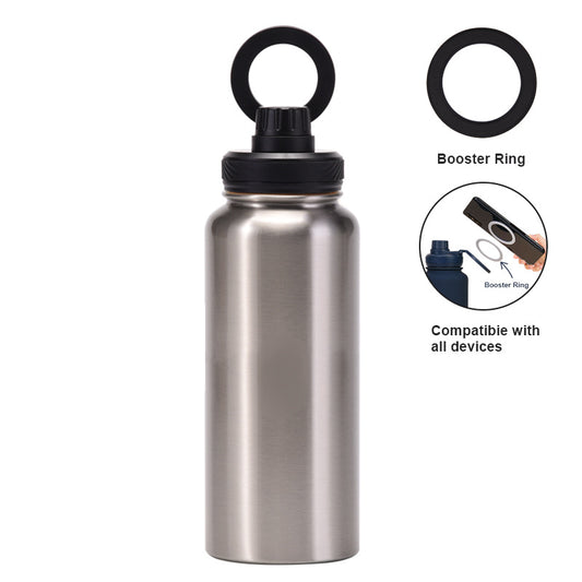 Silver and Black 1L Stainless Steel Water Bottle with Magnetic Phone Holder Lid - Portable Hydration & V888-ELOSUNG27254