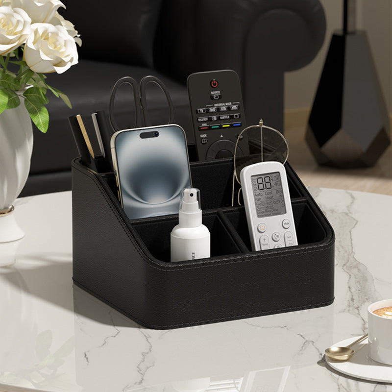 Black Stylish PU Leather Desktop Organizer Caddy - Multi-Compartment Holder for Remotes, Office Supplies, V888-ELOSUNG27257