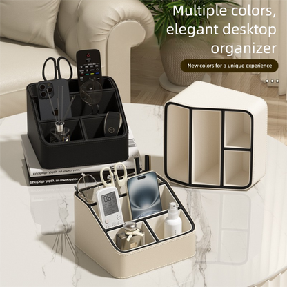 Black Stylish PU Leather Desktop Organizer Caddy - Multi-Compartment Holder for Remotes, Office Supplies, V888-ELOSUNG27257