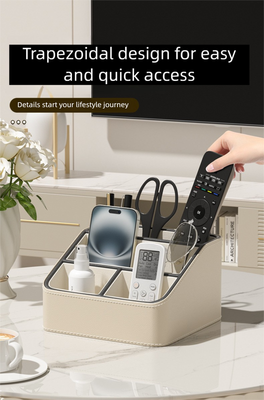 Black Stylish PU Leather Desktop Organizer Caddy - Multi-Compartment Holder for Remotes, Office Supplies, V888-ELOSUNG27257