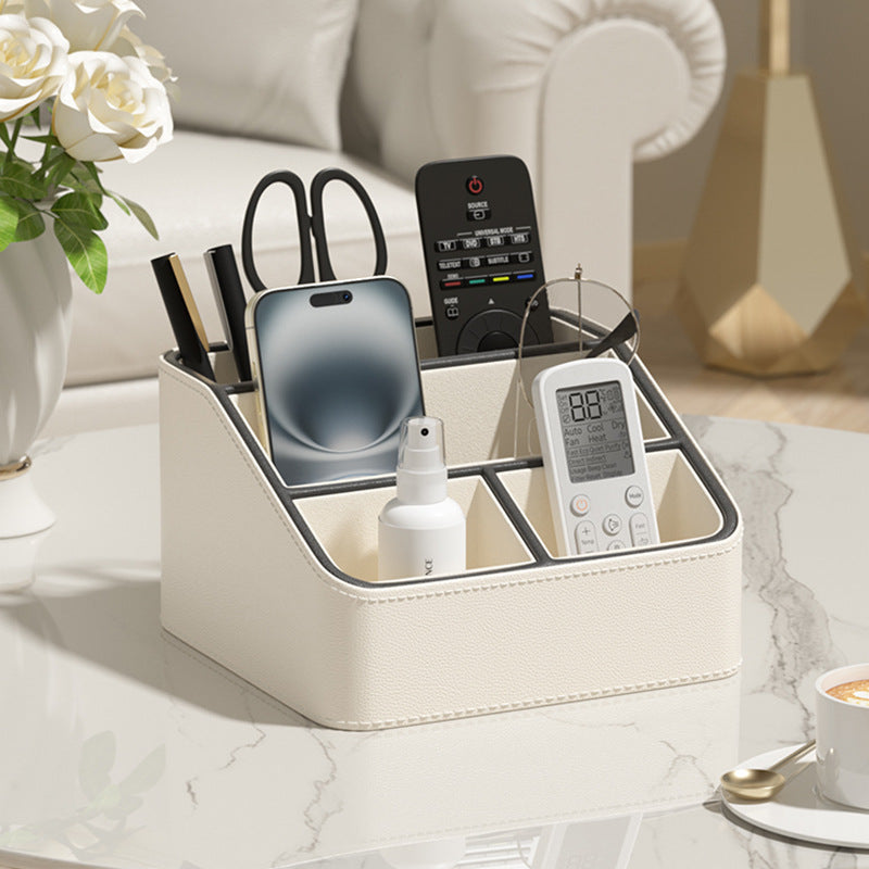 White and Black Stylish PU Leather Desktop Organizer Caddy - Multi-Compartment Holder for Remotes, Office V888-ELOSUNG27258