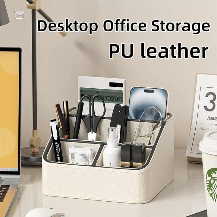 White and Black Stylish PU Leather Desktop Organizer Caddy - Multi-Compartment Holder for Remotes, Office V888-ELOSUNG27258