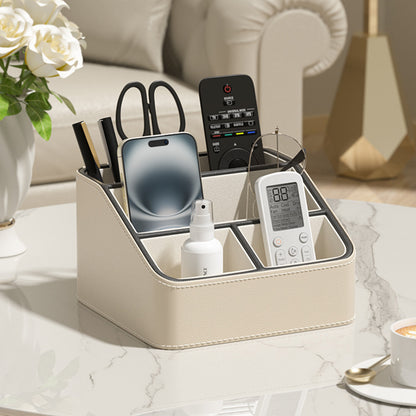 Beige and Black Stylish PU Leather Desktop Organizer Caddy - Multi-Compartment Holder for Remotes, Office V888-ELOSUNG27259