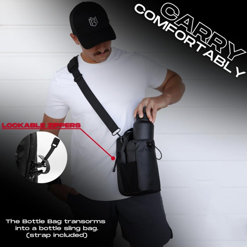 Black Magnetic Gym Water Bottle Holder Bag - Crossbody Sling Pouch for Essentials V888-ELOSUNG27261