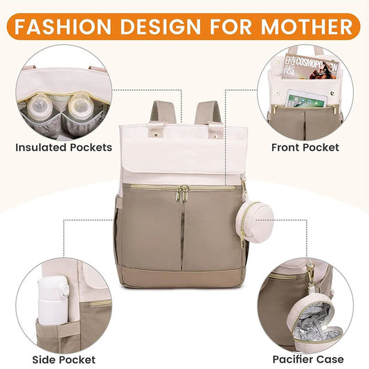 Khaki and Beige Stylish Nappy Bag Backpack - Multi-Functional Diaper Bag with Insulated Pockets, Changing Pad V888-ELOSUNG27264