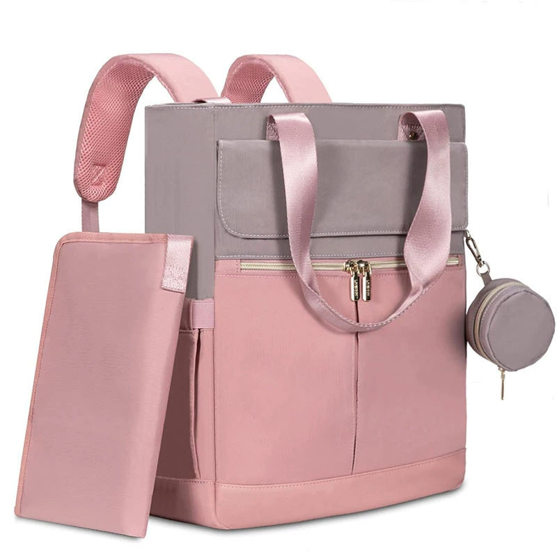 Pink and Grey Stylish Nappy Bag Backpack - Multi-Functional Diaper Bag with Insulated Pockets, Changing Pad & V888-ELOSUNG27265