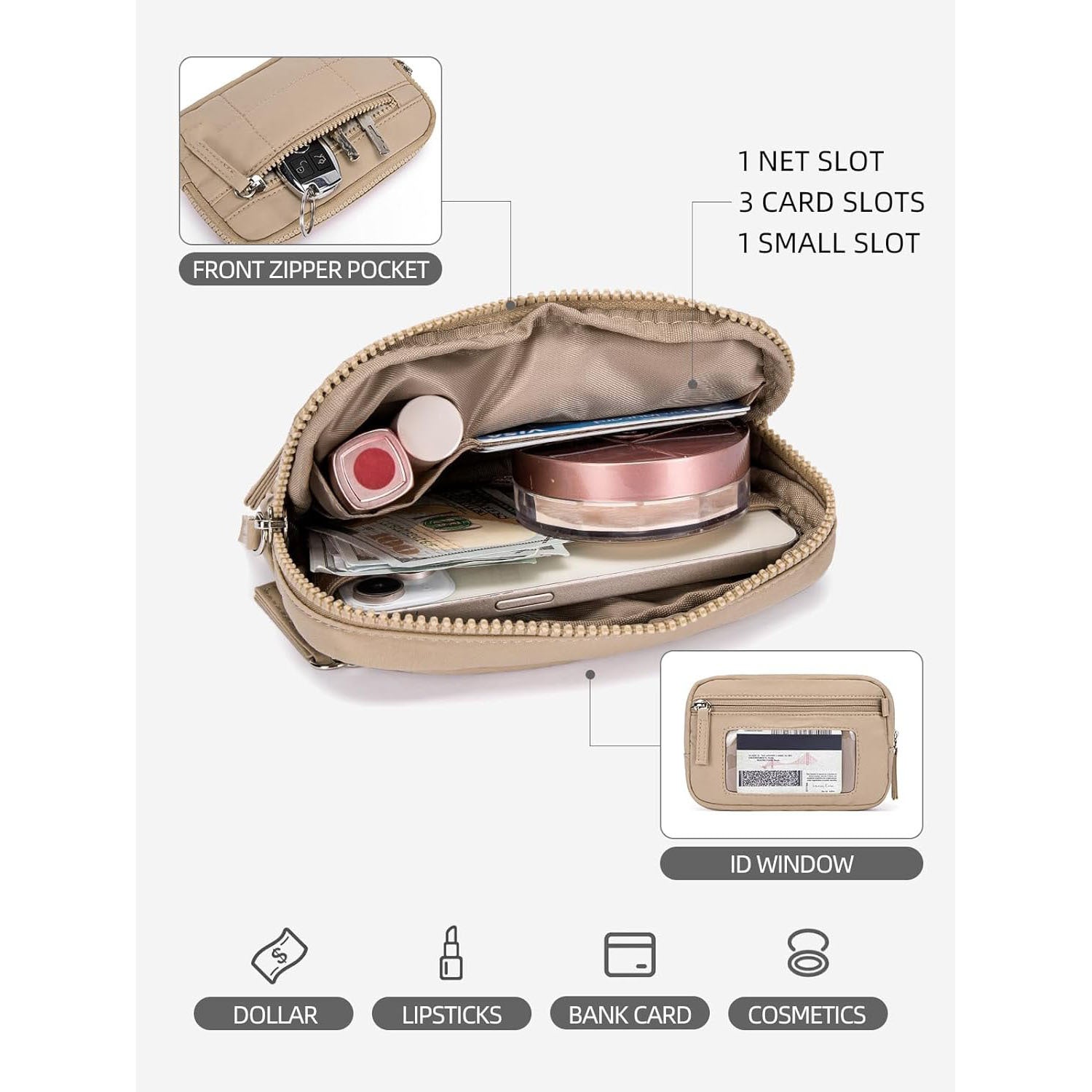 Beige RFID Blocking Nylon Wristlet Clutch Wallet - Compact Waterproof Pouch with Card Slots & ID Window V888-ELOSUNG27267