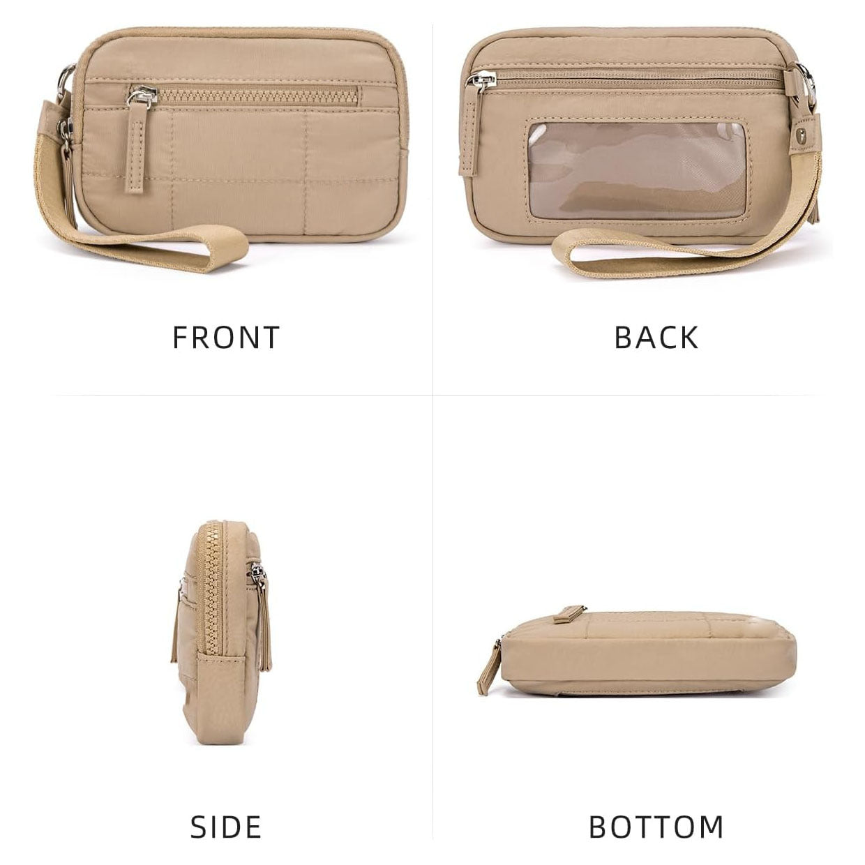 Khaki RFID Blocking Nylon Wristlet Clutch Wallet - Compact Waterproof Pouch with Card Slots & ID Window V888-ELOSUNG27269