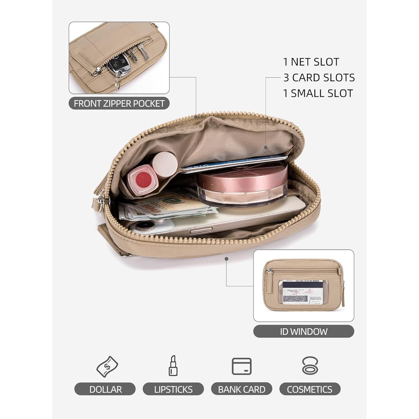 Khaki RFID Blocking Nylon Wristlet Clutch Wallet - Compact Waterproof Pouch with Card Slots & ID Window V888-ELOSUNG27269