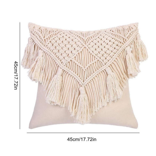 Beige Boho Chic Macrame Cushion Cover - Handmade Woven Cotton Linen Pillow Case with Tassels - Decorative V888-ELOSUNG27272