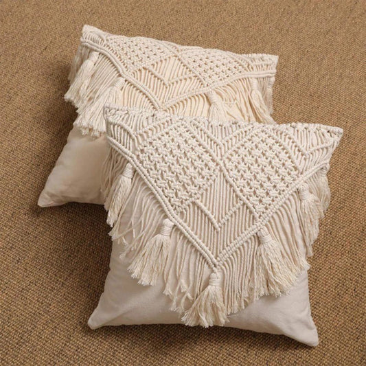 Beige Boho Chic Macrame Cushion Cover - Handmade Woven Cotton Linen Pillow Case with Tassels - Decorative V888-ELOSUNG27272