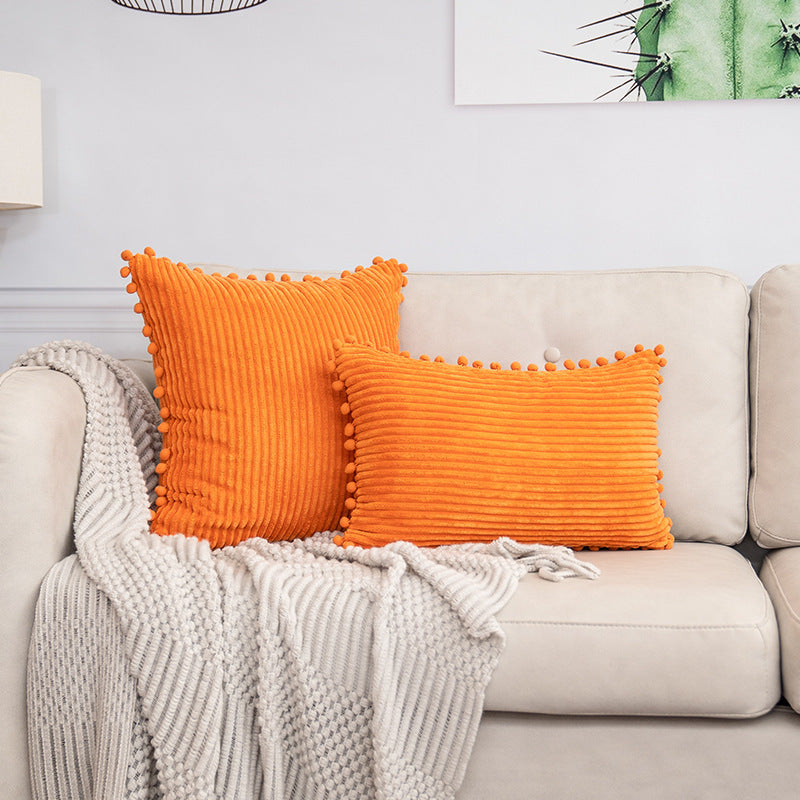 Orange Soft Corduroy Cushion Cover Set (1 Square + 1 Rectangular) with Pom Pom Trim - Decorative Throw Pillow V888-ELOSUNG27275