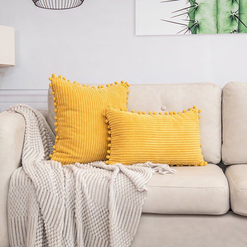 Yellow Soft Corduroy Cushion Cover Set (1 Square + 1 Rectangular) with Pom Pom Trim - Decorative Throw Pillow V888-ELOSUNG27281