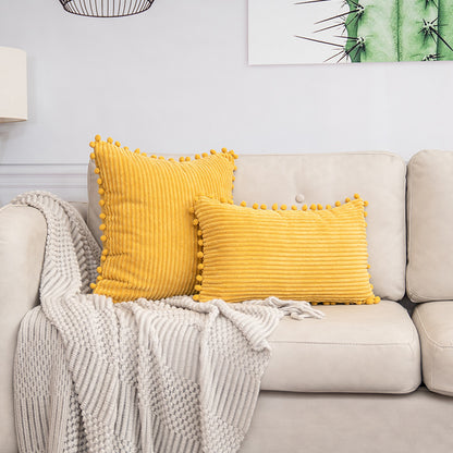 Yellow Soft Corduroy Cushion Cover Set (1 Square + 1 Rectangular) with Pom Pom Trim - Decorative Throw Pillow V888-ELOSUNG27281