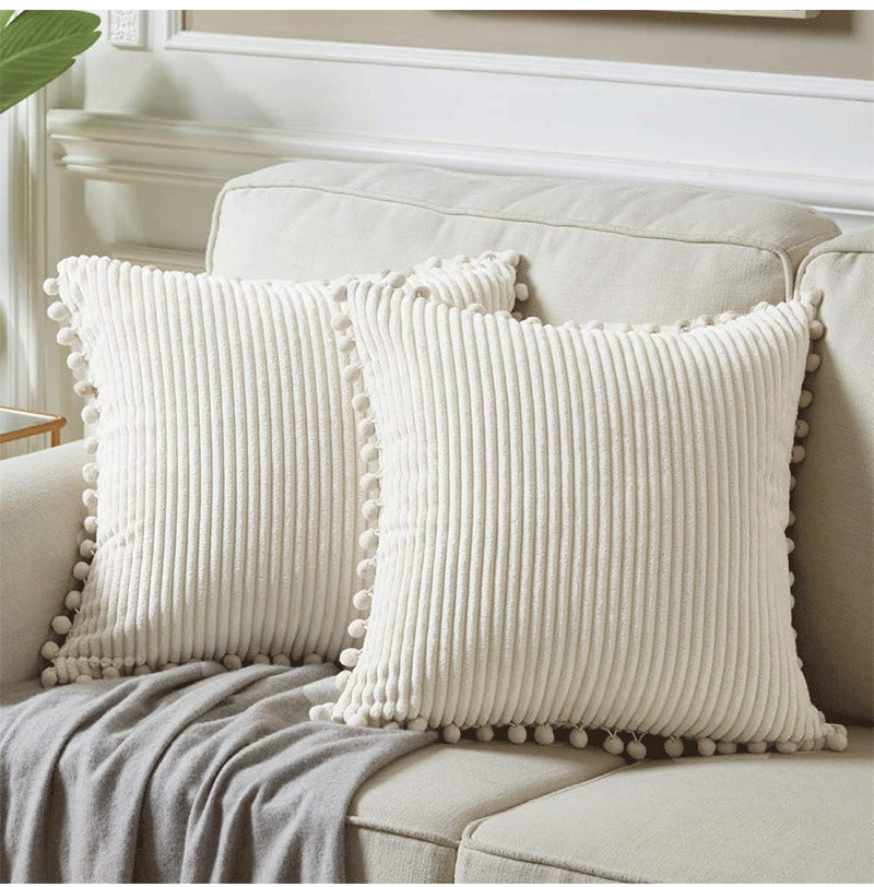 Yellow Soft Corduroy Cushion Cover Set (1 Square + 1 Rectangular) with Pom Pom Trim - Decorative Throw Pillow V888-ELOSUNG27281