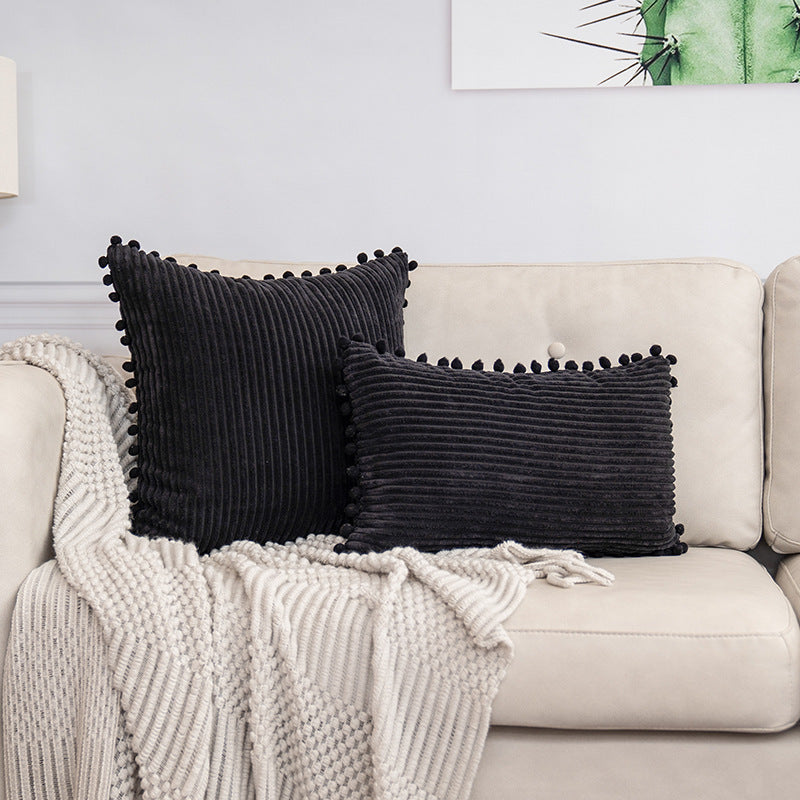 Black Soft Corduroy Cushion Cover Set (1 Square + 1 Rectangular) with Pom Pom Trim - Decorative Throw Pillow V888-ELOSUNG27282