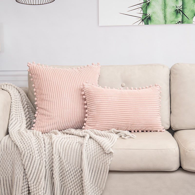 Pink Soft Corduroy Cushion Cover Set (1 Square + 1 Rectangular) with Pom Pom Trim - Decorative Throw Pillow V888-ELOSUNG27283
