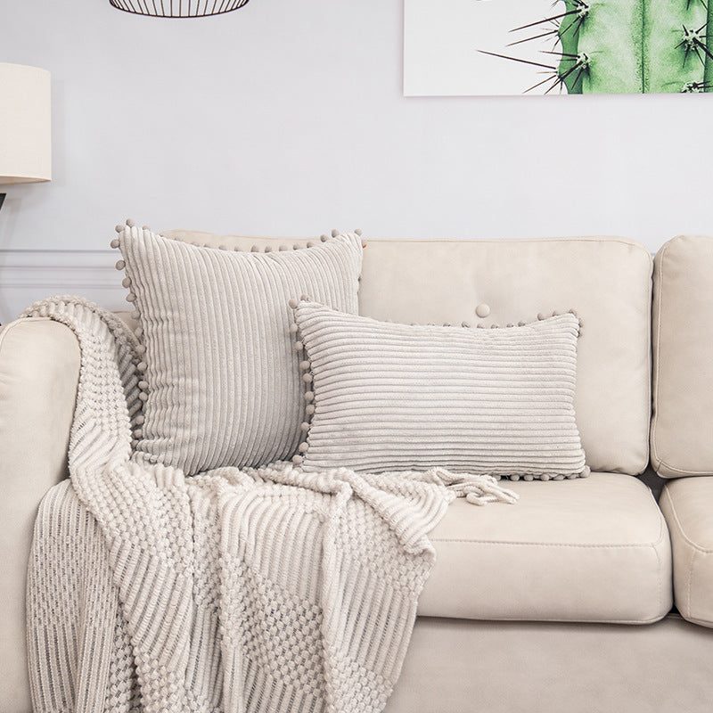 Light Grey Soft Corduroy Cushion Cover Set (1 Square + 1 Rectangular) with Pom Pom Trim - Decorative Throw V888-ELOSUNG27284
