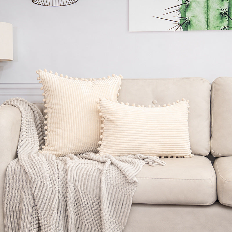 Beige Soft Corduroy Cushion Cover Set (1 Square + 1 Rectangular) with Pom Pom Trim - Decorative Throw Pillow V888-ELOSUNG27285