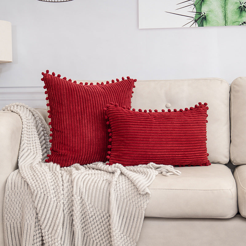 Red Soft Corduroy Cushion Cover Set (1 Square + 1 Rectangular) with Pom Pom Trim - Decorative Throw Pillow V888-ELOSUNG27286