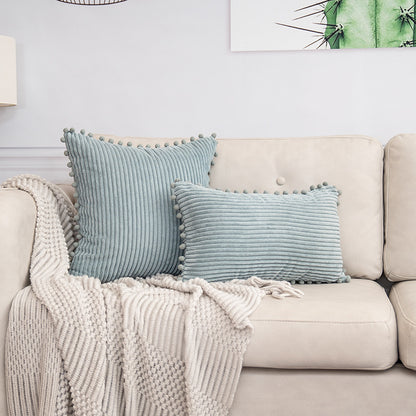 Blue Soft Corduroy Cushion Cover Set (1 Square + 1 Rectangular) with Pom Pom Trim - Decorative Throw Pillow V888-ELOSUNG27287