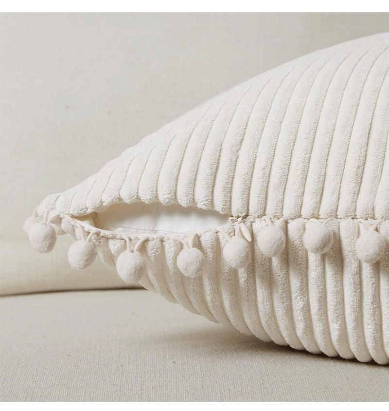 Blue Soft Corduroy Cushion Cover Set (1 Square + 1 Rectangular) with Pom Pom Trim - Decorative Throw Pillow V888-ELOSUNG27287