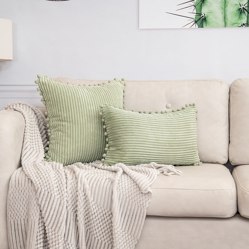 Light Green Soft Corduroy Cushion Cover Set (1 Square + 1 Rectangular) with Pom Pom Trim - Decorative Throw V888-ELOSUNG27288