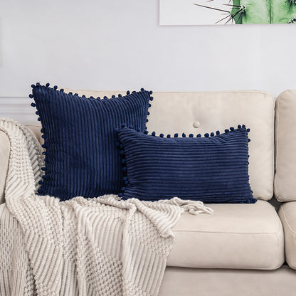 Navy Blue Soft Corduroy Cushion Cover Set (1 Square + 1 Rectangular) with Pom Pom Trim - Decorative Throw V888-ELOSUNG27289