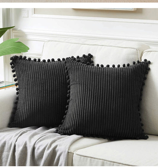 Black Soft Corduroy Cushion Covers with Pom Pom Trim - Set of 2 Decorative Throw Pillow Cases for Sofa Couch V888-ELOSUNG27304