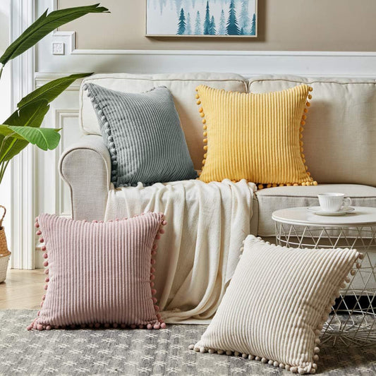 Black Soft Corduroy Cushion Covers with Pom Pom Trim - Set of 2 Decorative Throw Pillow Cases for Sofa Couch V888-ELOSUNG27304