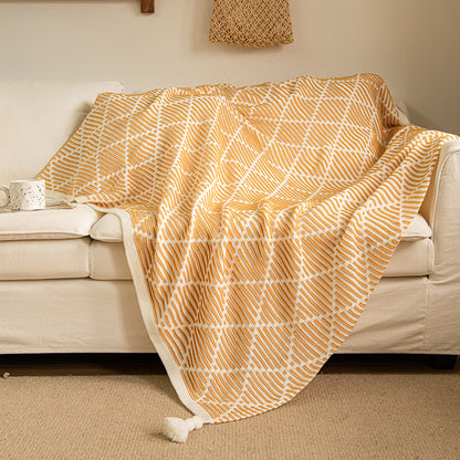 Yellow and Beige Diamond Pattern Soft Cozy Knit Throw Blanket with Tassels - Geometric Pattern Lightweight V888-ELOSUNG27319