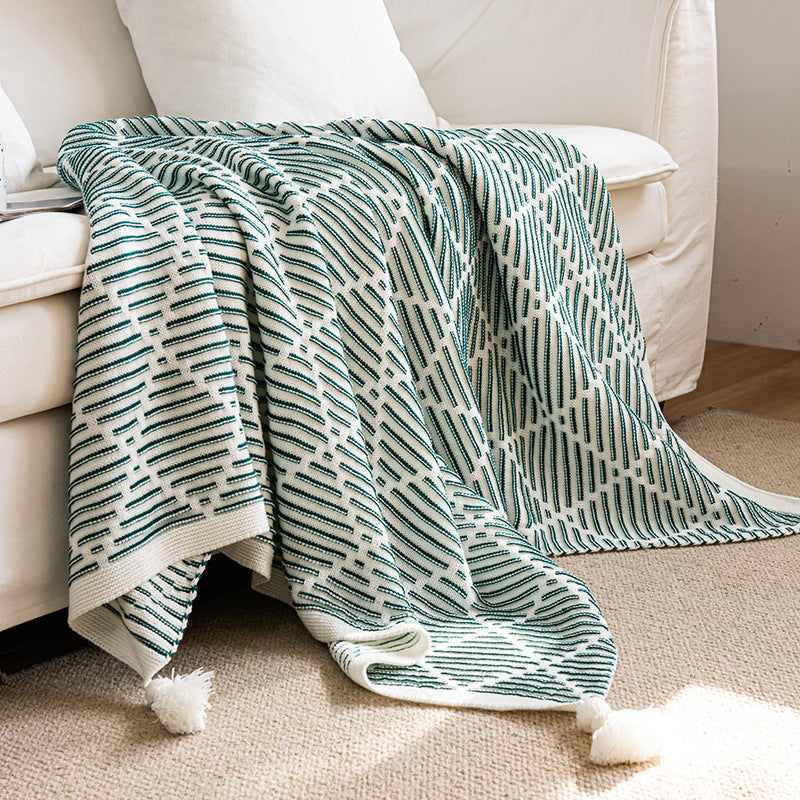 Green and Beige Diamond Pattern Soft Cozy Knit Throw Blanket with Tassels - Geometric Pattern Lightweight V888-ELOSUNG27321