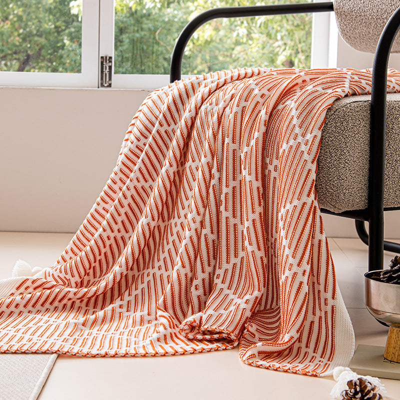 Orange and Beige Diamond Pattern Soft Cozy Knit Throw Blanket with Tassels - Geometric Pattern Lightweight V888-ELOSUNG27324