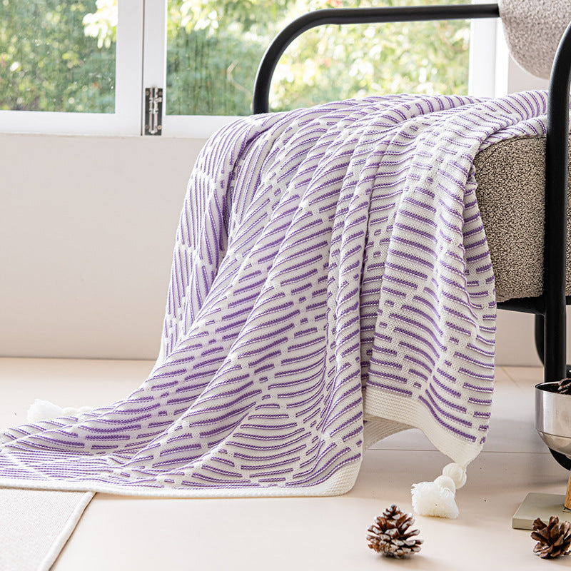 Purple and Beige Diamond Pattern Soft Cozy Knit Throw Blanket with Tassels - Geometric Pattern Lightweight V888-ELOSUNG27325