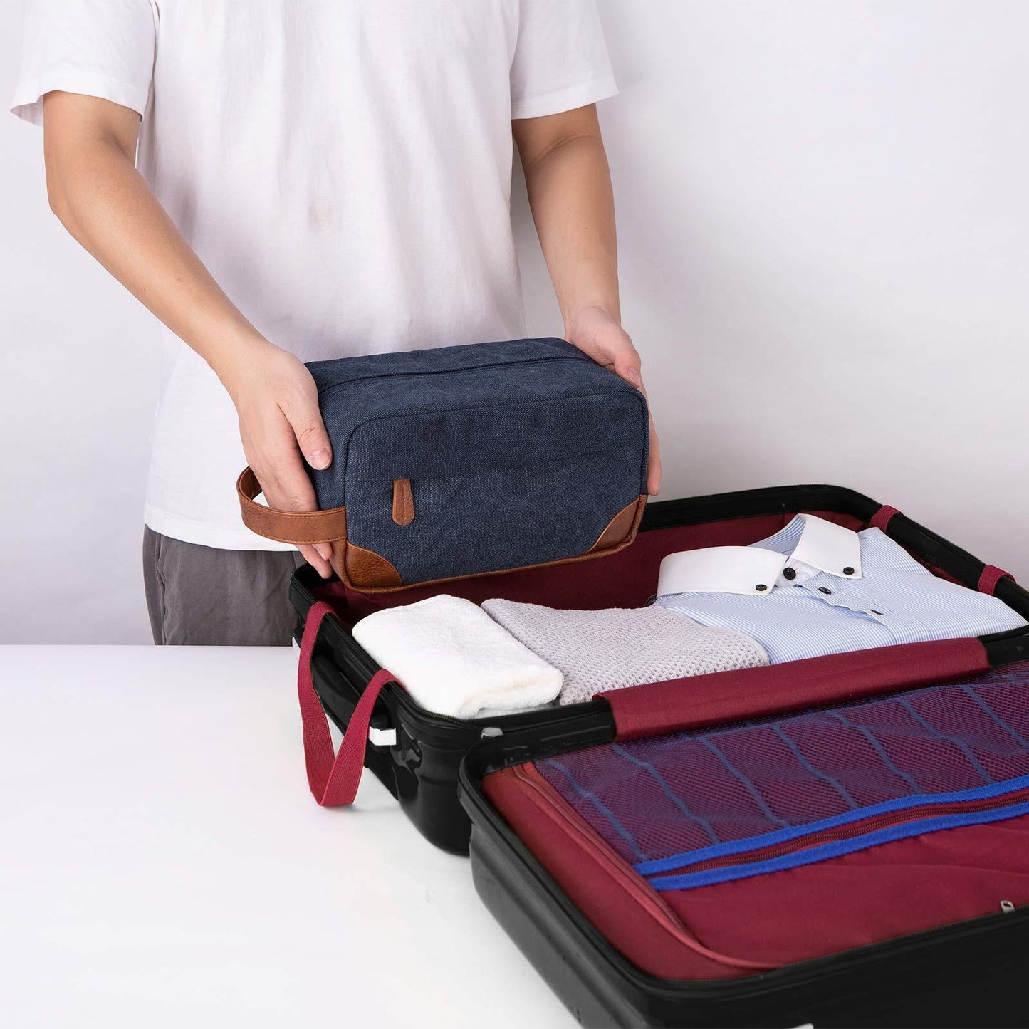 Dark Blue And Brown Men's Canvas Toiletry Bag - Large Capacity Water-Resistant Travel Organizer Dopp Kit with V888-ELOSUNG27332