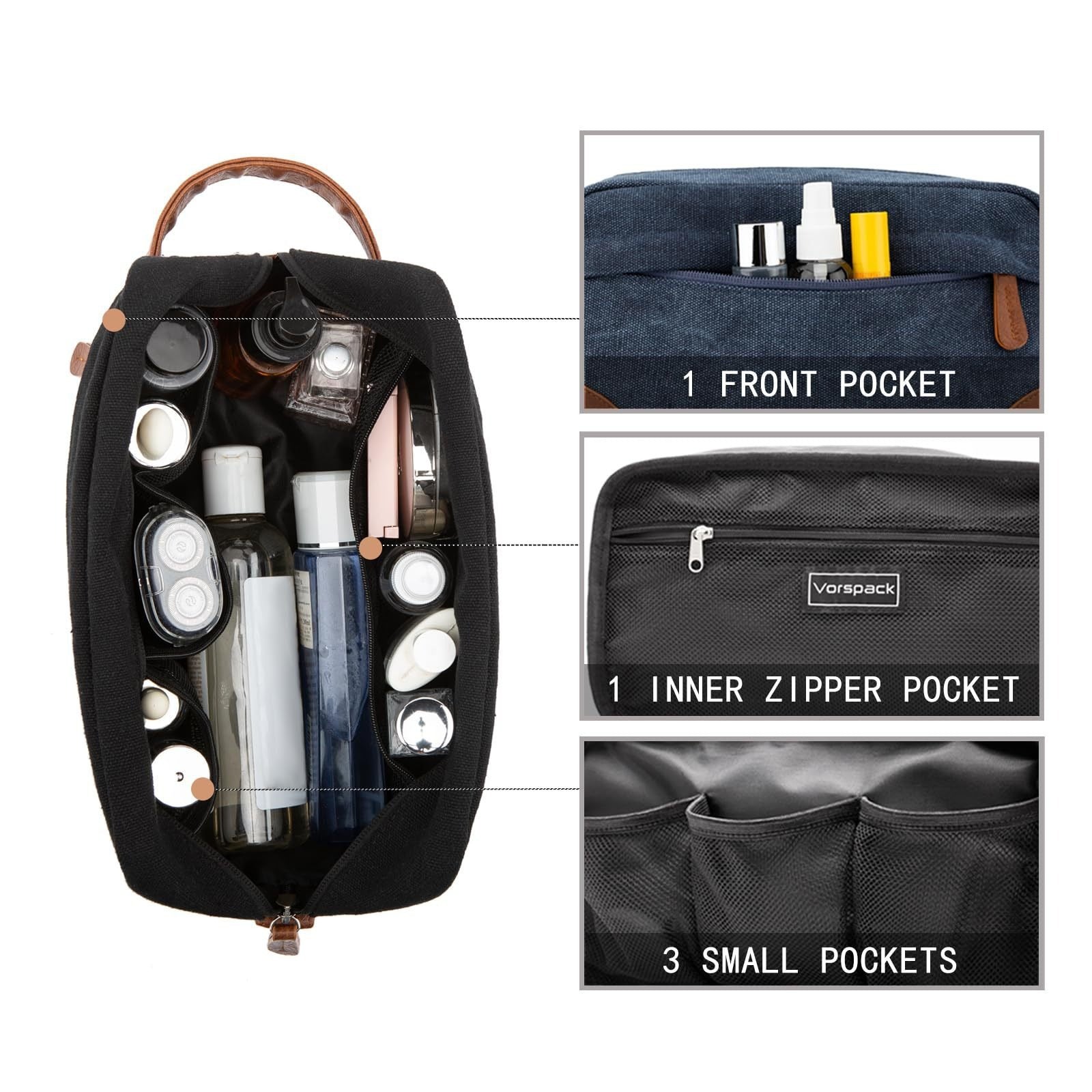 Dark Blue And Brown Men's Canvas Toiletry Bag - Large Capacity Water-Resistant Travel Organizer Dopp Kit with V888-ELOSUNG27332