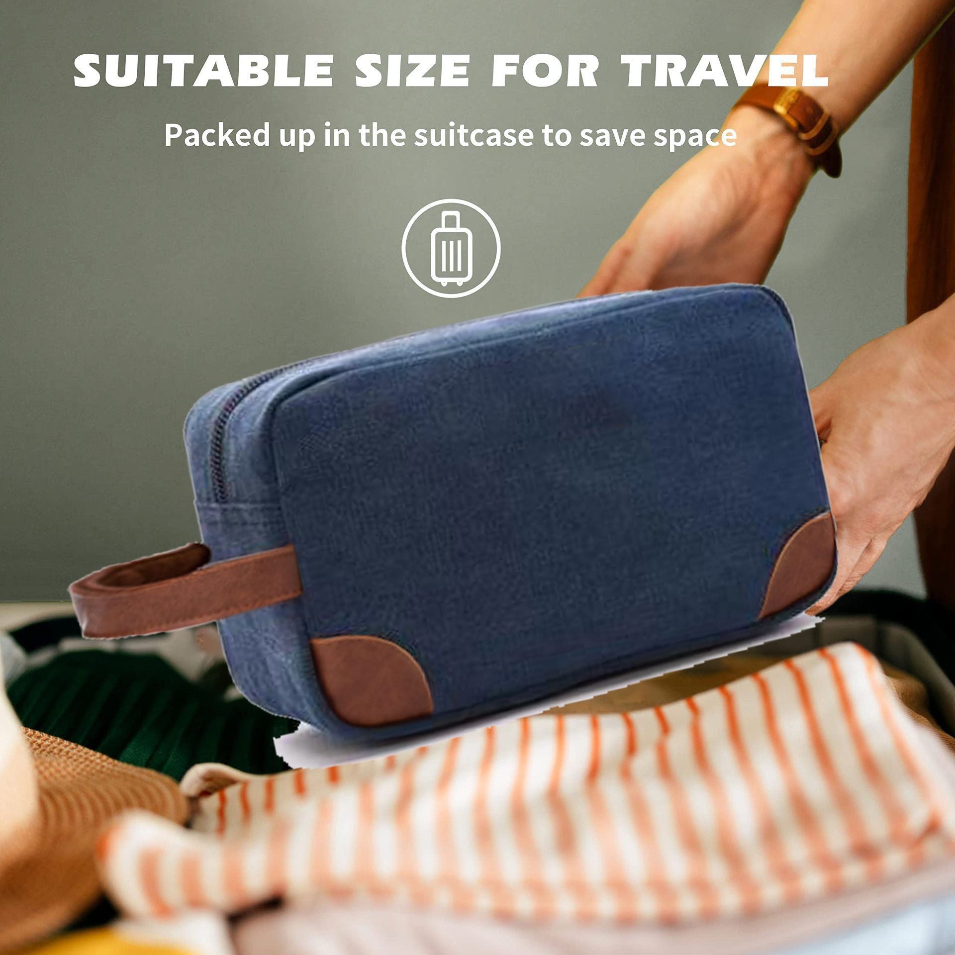 Grey And Brown Men's Canvas Toiletry Bag - Large Capacity Water-Resistant Travel Organizer Dopp Kit with V888-ELOSUNG27333
