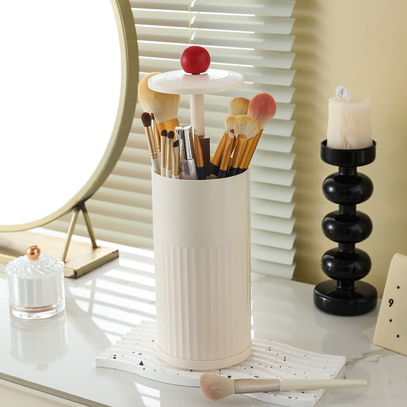 Beige Automatic Lifting Makeup Brush Holder - Dustproof Desktop Organizer with Lid & Compartments V888-ELOSUNG27334