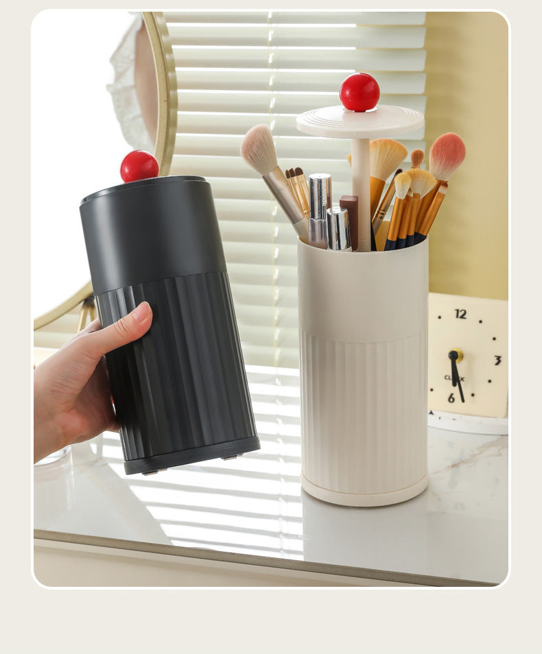 Beige Automatic Lifting Makeup Brush Holder - Dustproof Desktop Organizer with Lid & Compartments V888-ELOSUNG27334