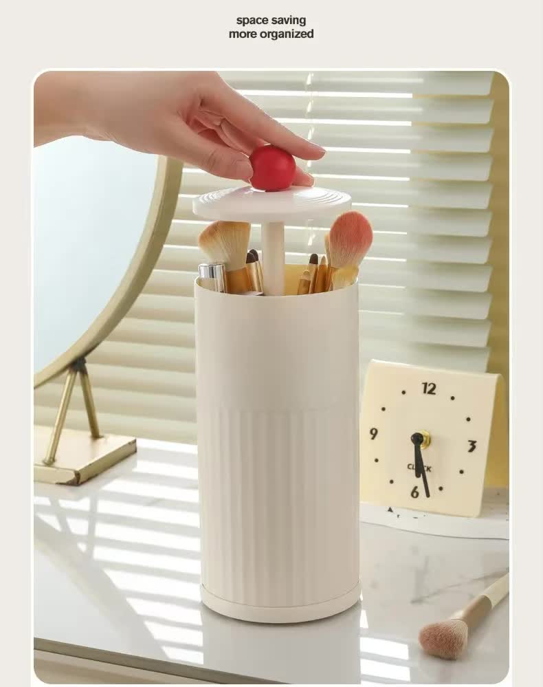 Beige Automatic Lifting Makeup Brush Holder - Dustproof Desktop Organizer with Lid & Compartments V888-ELOSUNG27334