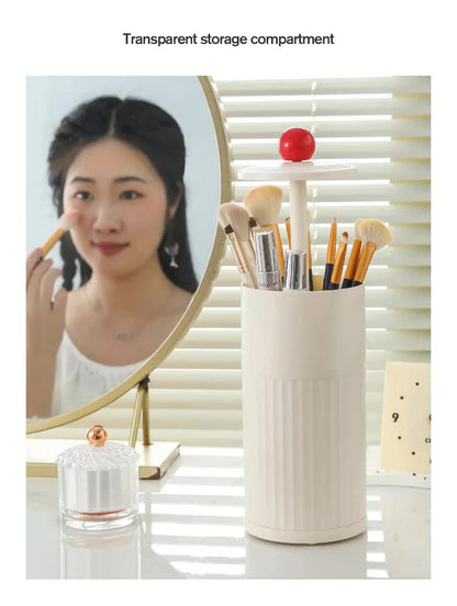 Beige Automatic Lifting Makeup Brush Holder - Dustproof Desktop Organizer with Lid & Compartments V888-ELOSUNG27334