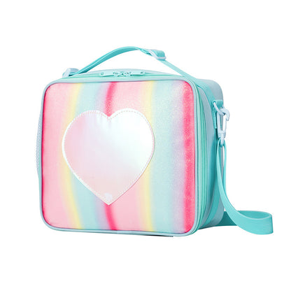 Blue Sparkling Rainbow Heart Insulated Lunch Bag for Kids - Portable School Lunch Box with Shoulder Strap V888-ELOSUNG27336