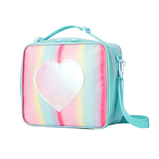 Blue Sparkling Rainbow Heart Insulated Lunch Bag for Kids - Portable School Lunch Box with Shoulder Strap V888-ELOSUNG27336
