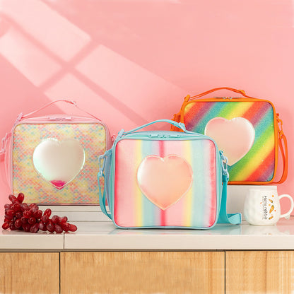 Blue Sparkling Rainbow Heart Insulated Lunch Bag for Kids - Portable School Lunch Box with Shoulder Strap V888-ELOSUNG27336