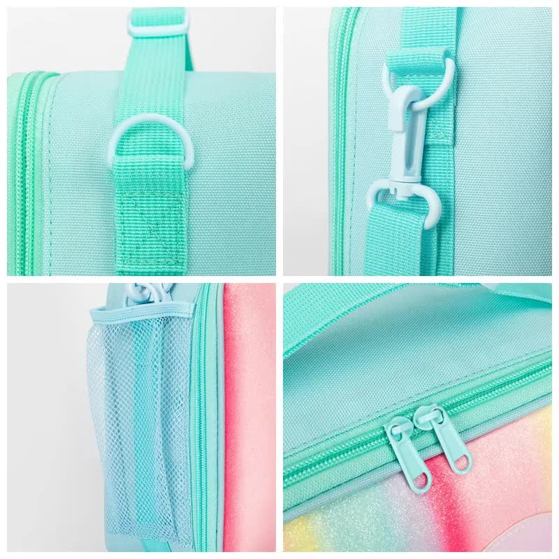 Blue Sparkling Rainbow Heart Insulated Lunch Bag for Kids - Portable School Lunch Box with Shoulder Strap V888-ELOSUNG27336